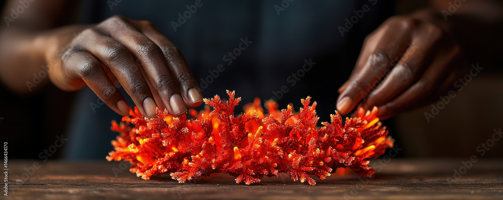 Closeup hands adjusting vibrant coral crown on wooden table, creative and artistic mood, detailed texture, natural material