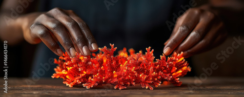 Closeup hands adjusting vibrant coral crown on wooden table, creative and artistic mood, detailed texture, natural material
