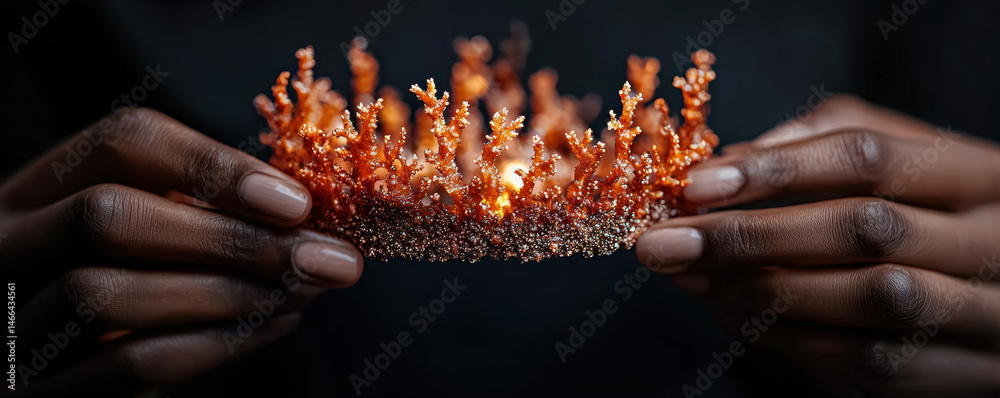 Closeup hands holding coral crown, intricate orange coral design, elegant, creative, unique accessory, dark background, artistic mood