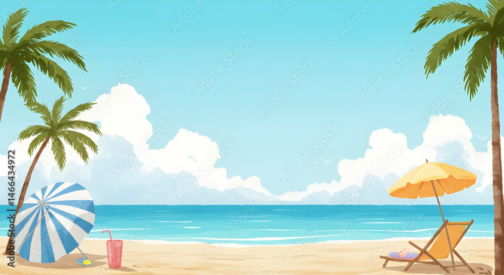 Serene Tropical Beach Scene with Palm Trees and Clear Blue Sky Serene Tropical Beach Scene with Palm Trees and Clear Blue Sky