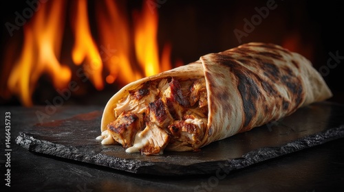 A stunning image of wrap dark slate board fire burning background is Chicken shawarma durum doner.
