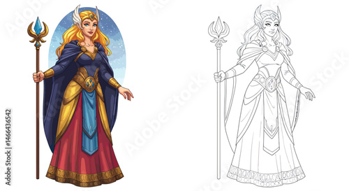 Valkyrie Goddess:  A captivating illustration of a valiant Valkyrie Goddess, dressed in flowing robes and wielding a staff, in both colored and line art formats.