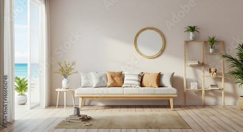 Bright Beach House Interior with Modern Furniture and Ocean View