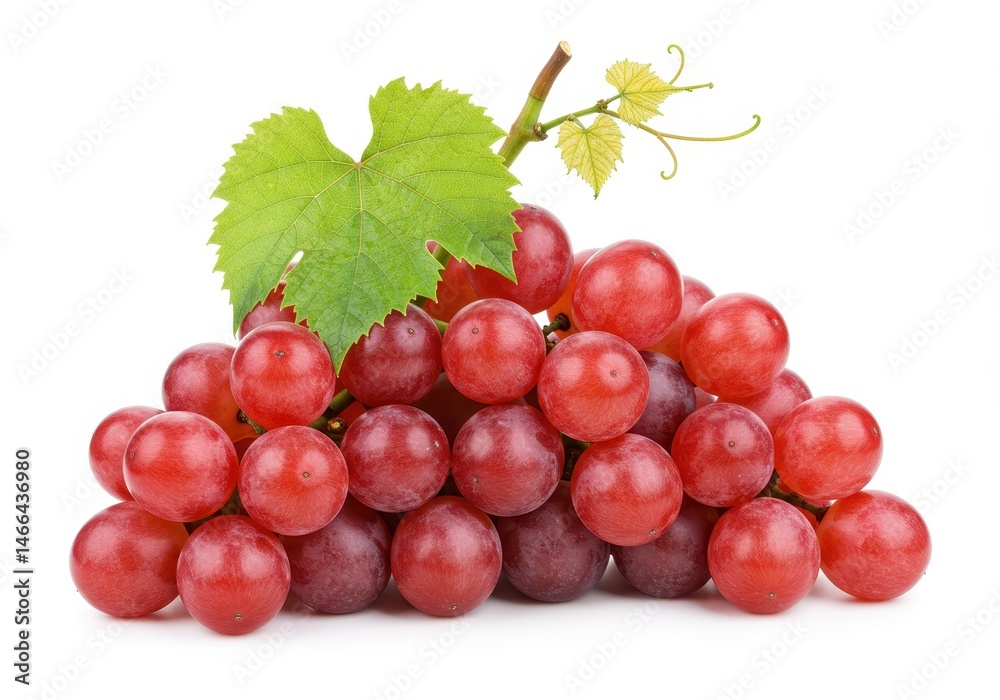 Fototapeta premium Close up of a bunch of red grapes with a green leaf on a white background