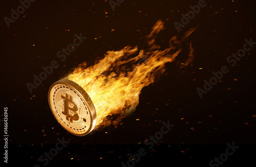 Bitcoin cryptocurrency burning in fire. Burning crypto currency bitcoin symbol isolated on black background. Coin engulfed in flames erupts. 3d animation of 4K