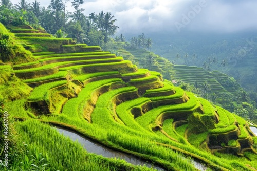 Lush terraced rice paddies ascend a mountainside