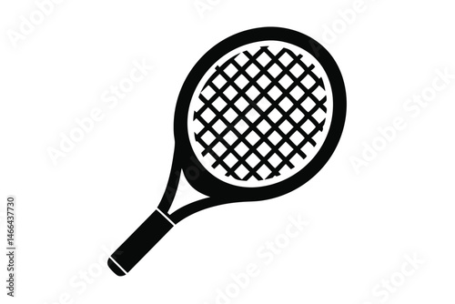 Single black and white tennis racket displays simple net design elegantly across the court