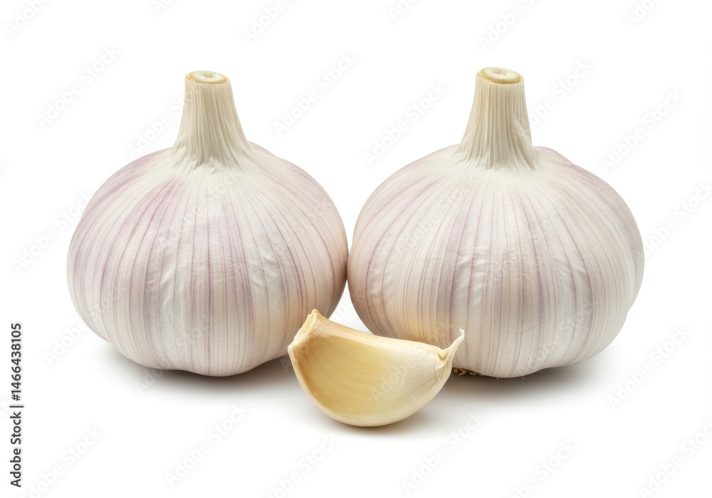 Obraz premium Two garlic bulbs and a clove on a white background