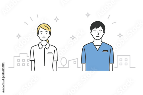 male and female nurses, upper body, front view, vector illustration