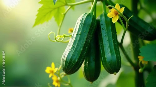 Fresh cucumbers grow amidst vibrant flowers in a sunny garden