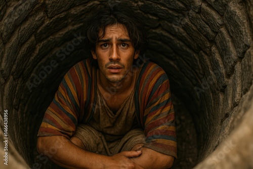 Realistic photo captures a dramatic and emotional moment from the life of Joseph, the biblical hero from the Book of Genesis — the instant after he was thrown into a well by his jealous brothers. 