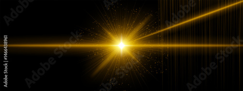 Yellow energy blast with flare rays and additional angled beams, digital particles spread in black background. Suggests sci-fi ignition, cosmic laser impact.