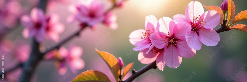 Fototapeta premium Banner image featuring beautiful pink and purple spring flowers blooming on plum tree branches, blooming, branches, banner