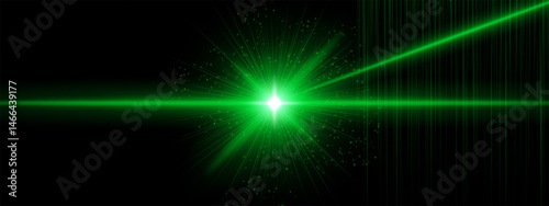 Green energy blast with flare rays and additional angled beams, digital particles spread in black background. Suggests sci-fi ignition, cosmic laser impact.