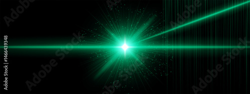 Green energy blast with flare rays and additional angled beams, digital particles spread in black background. Suggests sci-fi ignition, cosmic laser impact.