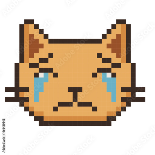 A crying pixel cat with tears streaming down, looking sad.