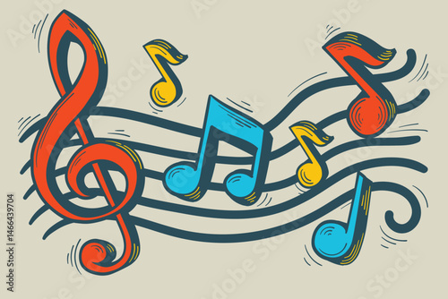 Colorful drawn clef and musical notes - music decorative design