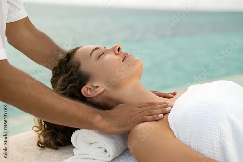 Young woman enjoying neck massage outdoors near ocean. Tranquil spa experience by sea during vacation wellness retreat