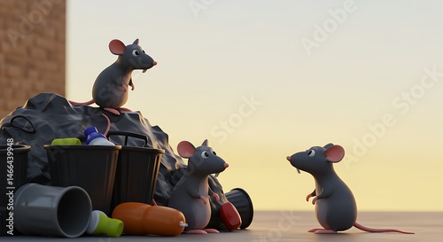 3d cute cartoon illustration, city rats sitting on trash pile on the left side under golden hour lighting, with clear copy space on the right for photos. ,isolated on bright background, no text