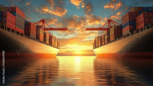 Wallpaper Mural Shipping Cargo Container Ships with Cranes and Sunset Sky Reflecting On Water Torontodigital.ca