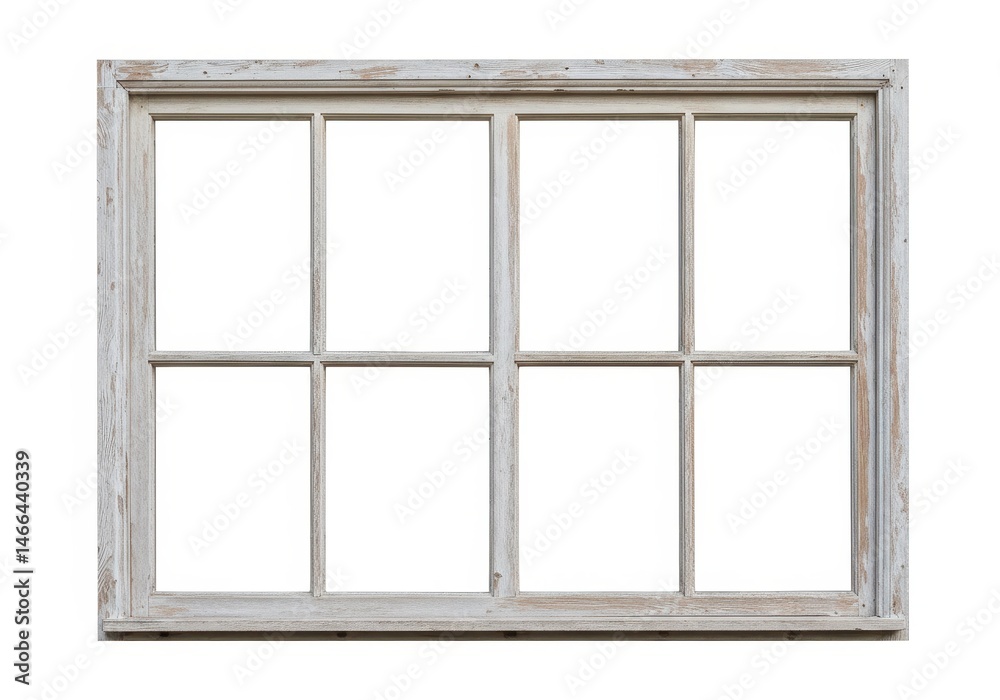 An isolated view of a white painted window with eight panes and a distressed finish on a white background An isolated view of a white painted window with eight panes and a distressed finish on a white background