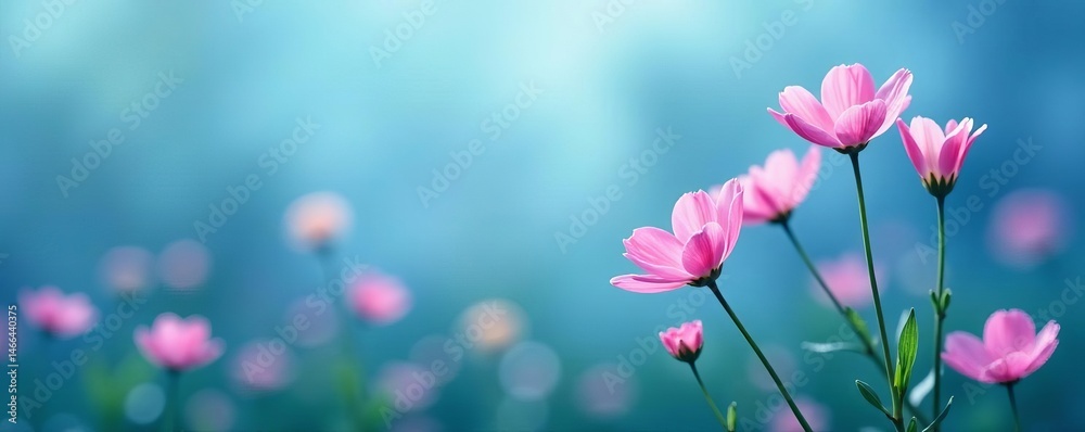 Fototapeta premium Close up of delicate blooms in a field of blue, close up, delicate, art