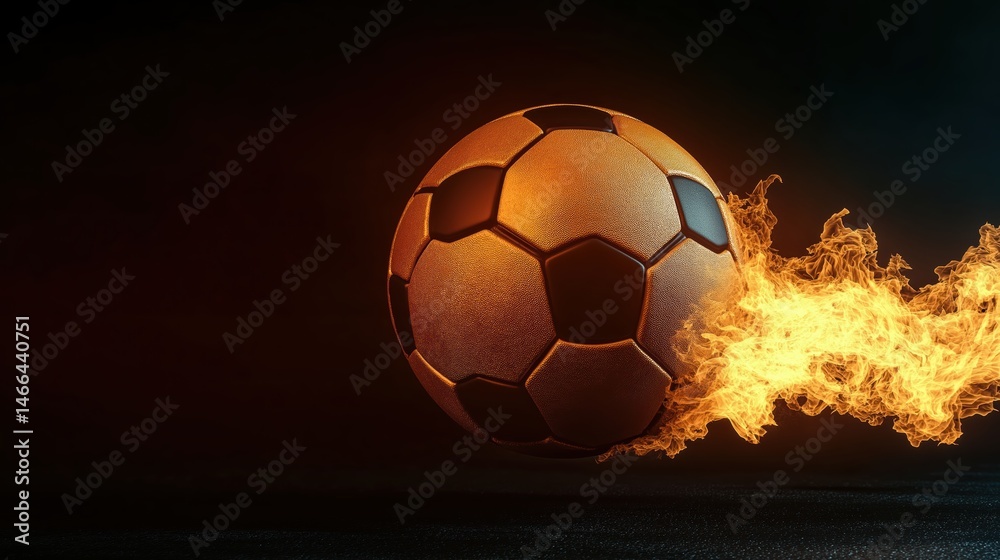 Fototapeta premium Yellow realistic soccer ball in motion, which leaves behind a fiery road when flying on the black background.
