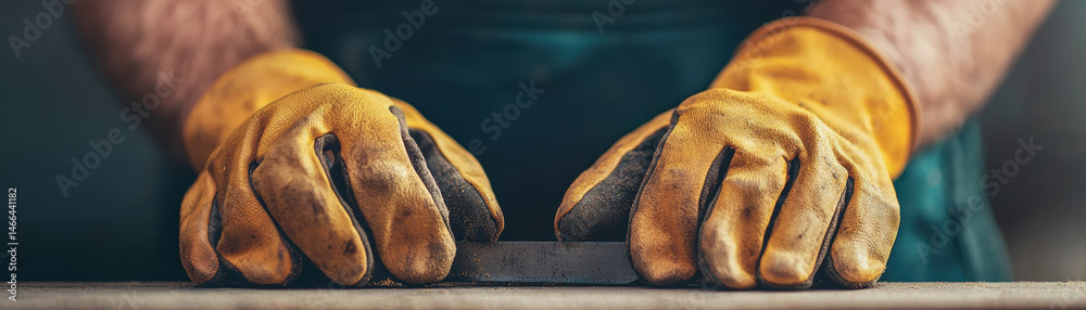 Closeup of hands wearing yellow gloves crafting with tool, focused and skilled, workshop background, creative process