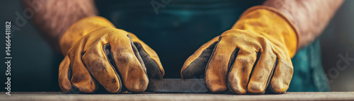 Obraz na płótnie Closeup of hands wearing yellow gloves crafting with tool, focused and skilled, workshop background, creative process w salonie
