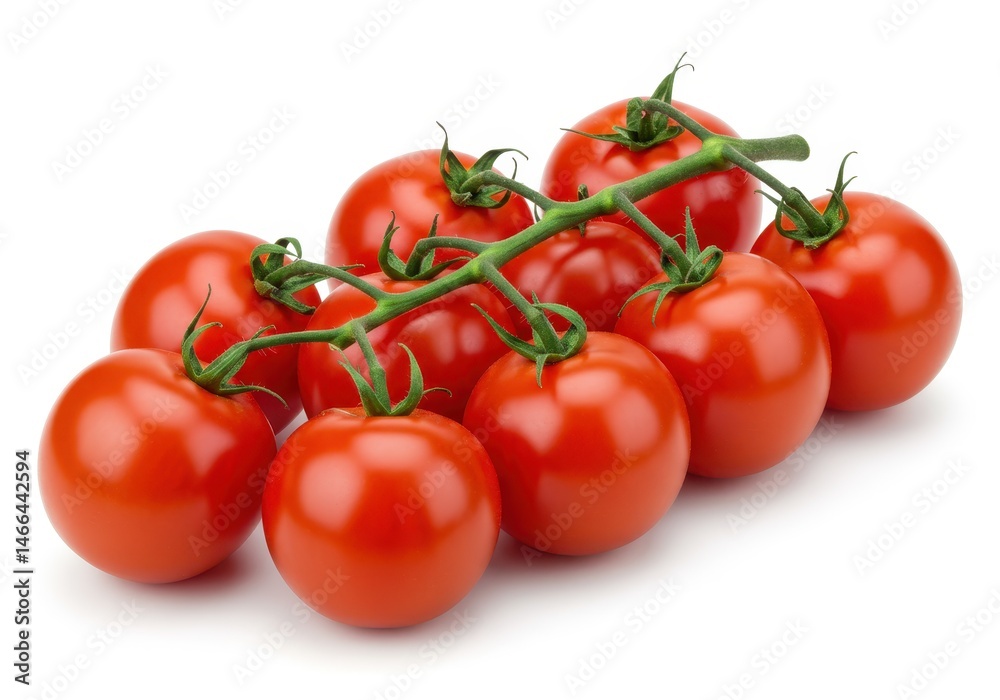 Cluster of fresh, ripe red cherry tomatoes still attached to the vine against a plain white background Cluster of fresh, ripe red cherry tomatoes still attached to the vine against a plain white background