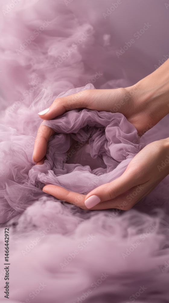 Soft hands gently shaping portal from dreamy lavender fabric, surrounded by delicate, ethereal textures, evoking calm and wonder