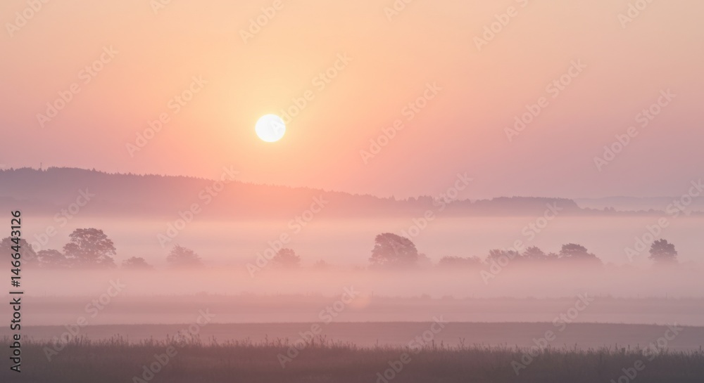 Obraz premium Pink And Orange Sunrise Over Foggy Landscape