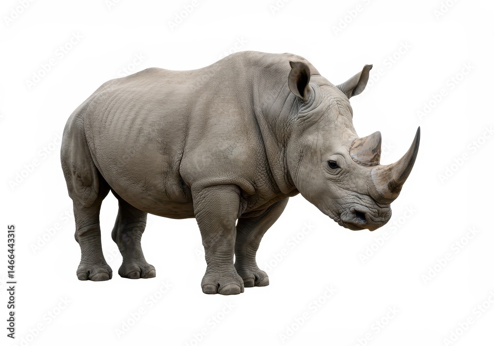 Fototapeta premium A solitary rhinoceros stands against a stark white backdrop, showcasing its powerful build and distinctive horn