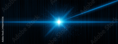 Blue glowing burst with angled beams and bright central flare, scattered digital sparkles on vertical-lined background. Represents futuristic light force, sci-fi ignition.