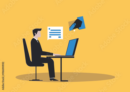 Businessman working on laptop sending email newsletter with flying envelope and message notification in flat minimalist style vector illustration