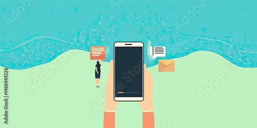 Smartphone communication concept with hands holding mobile phone and business woman receiving chat messages and email on blue background digital marketing technology flat vector illustration