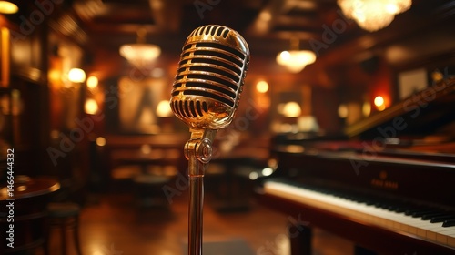 Vintage microphone in a dimly lit, elegant music venue