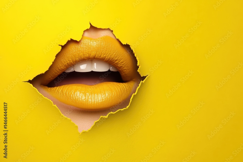 Fototapeta premium Lipstick Yellow Background. Closeup of Young Woman's Beautiful Lips with Artistic Color Paper