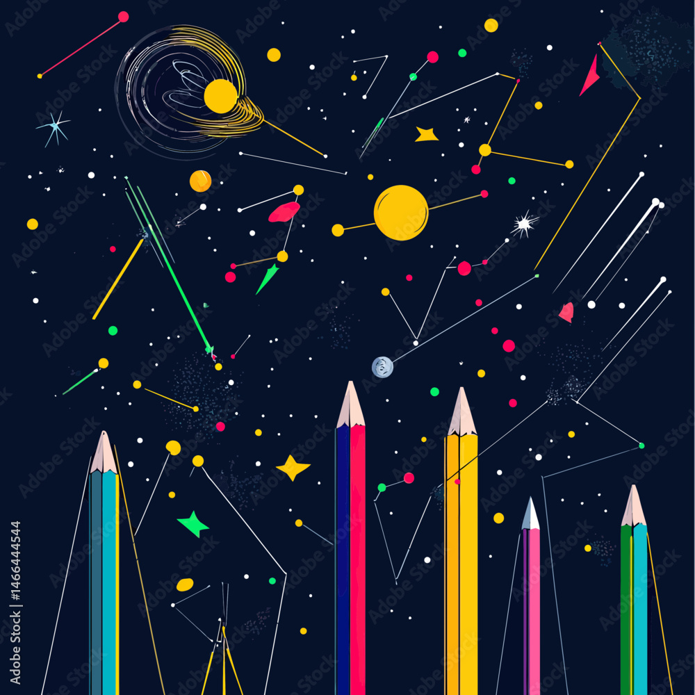 Abstract cosmic starry sky with colorful pencil shapes forming constellation lines and planets in dark space background vector illustration