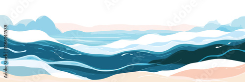 Abstract ocean wave pattern seamless vector texture in flat minimalist style with flowing water shapes and blue color gradients for background design
