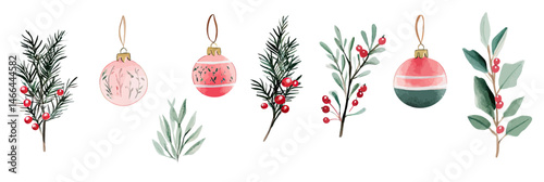 Minimalist Christmas greenery and pink ornament ball vector illustration set with watercolor style red berries pine branches and eucalyptus leaves holiday decoration elements collection
