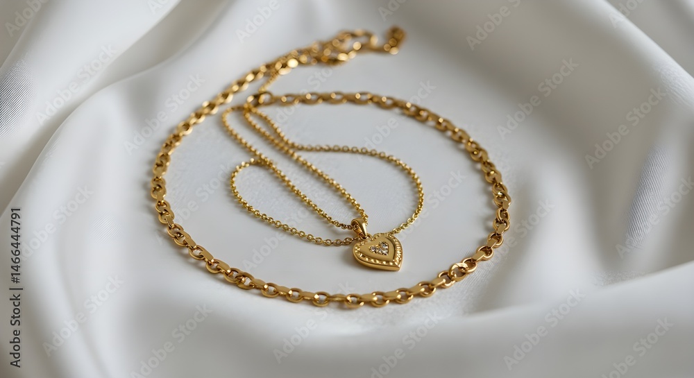 Fototapeta premium Elegant Gold Necklace and Bracelet on Silky White Fabric | Luxury Jewelry for Fashion, Romance and Gift Ideas