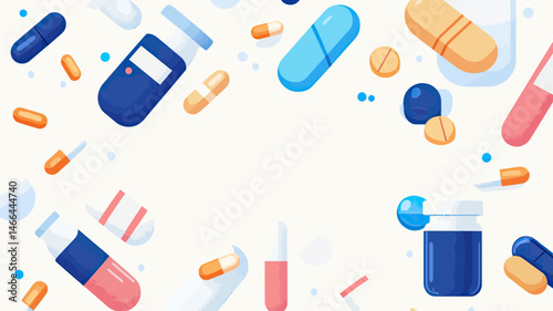 Colorful medical pills capsules and tablets around empty space with transparent background in flat minimalist vector style for healthcare and pharmacy concept design