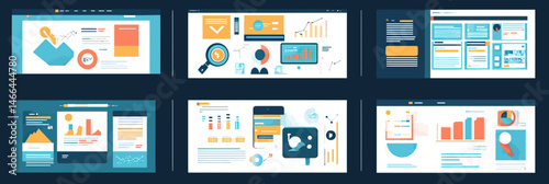 Digital marketing analytics dashboard templates with charts graphs notifications mobile email campaign performance and website statistics in flat vector design
