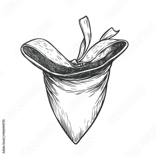 Hand drawn tied neck bandana with detailed fabric texture in black and white vintage sketch style western accessory illustration vector