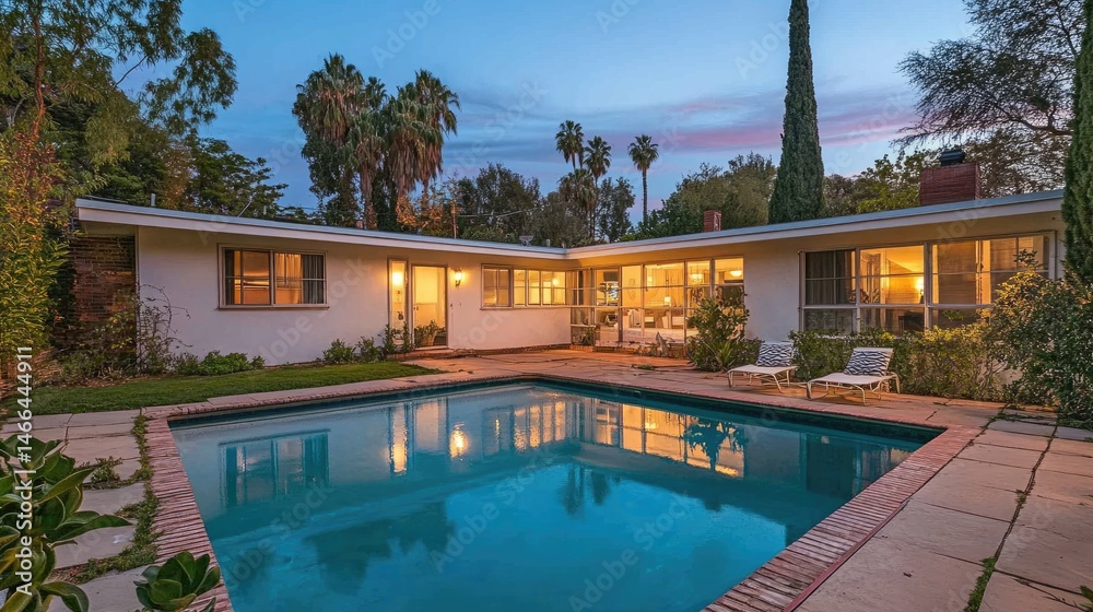 Fototapeta premium Night view of lit swimming pool adjacent to white boxy home