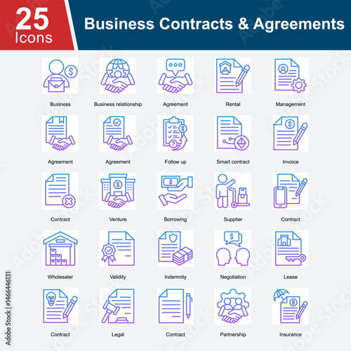 Business Contracts & Agreements is a collection of icons representing various business contracts, including rental agreements, partnership contracts, smart contracts, leases, supplier agreements.