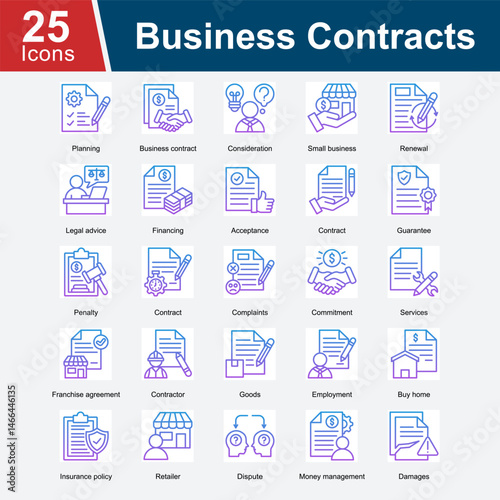 Business Contract is a collection of icons that represent various elements of business agreements, including contract terms, legal advice, financing, dispute resolution, penalties.
