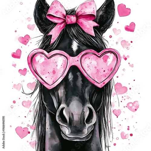 Whimsical Horse Portrait with Heart Glasses A Playful Fusion of Equine Charm and Romantic Whimsy in Watercolor Style