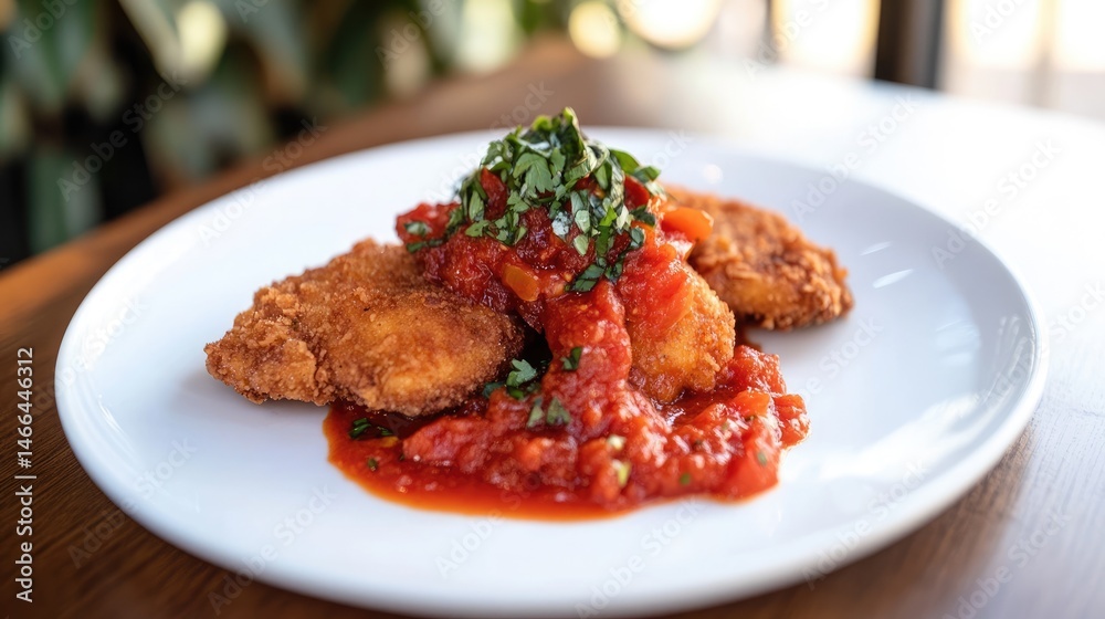 Tomato sauce spooned onto a clean white plate next to fried chicken Tomato sauce spooned onto a clean white plate next to fried chicken